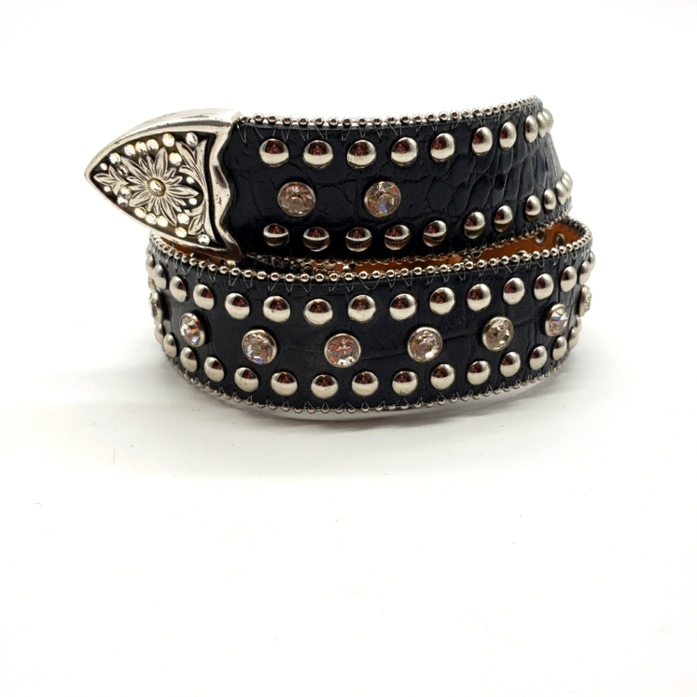 Nocona Western Belt US Medium black croc print with rhinestones studs BELT ONLY